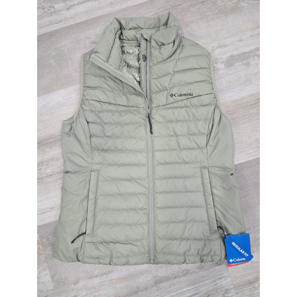 NWT Columbia Women's M Sage Green Puffer Vest Omni-Heat 650 Fill Down Quilted